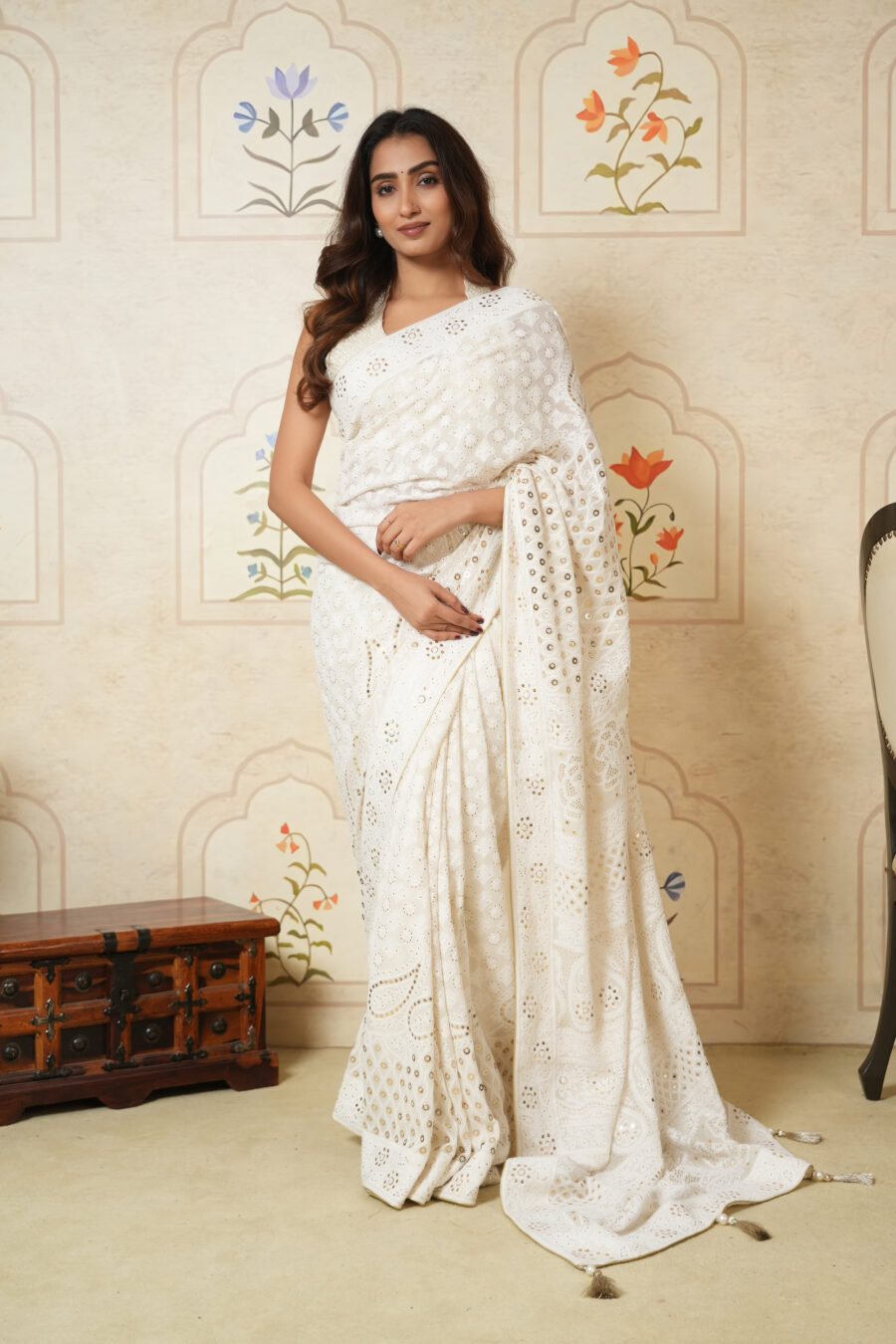 Handcrafted Pure Georgette Chikankari Saree with Mukaish Work