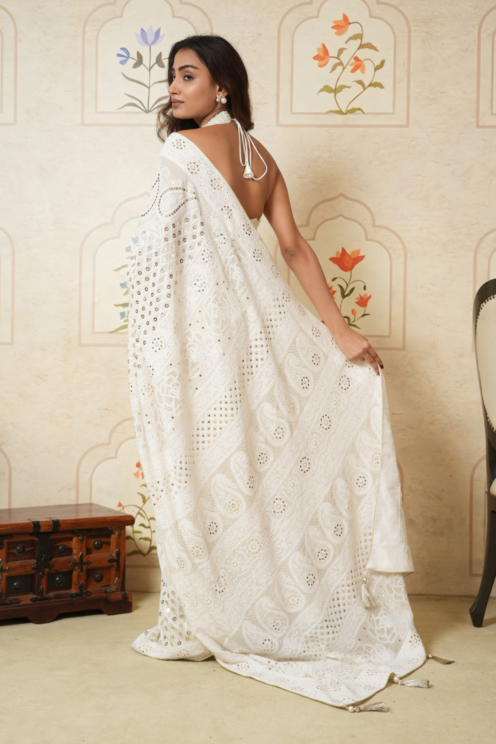 Ivory Khwaab: Handcrafted Pure Georgette Chikankari Saree with Mukaish Work - Image 2