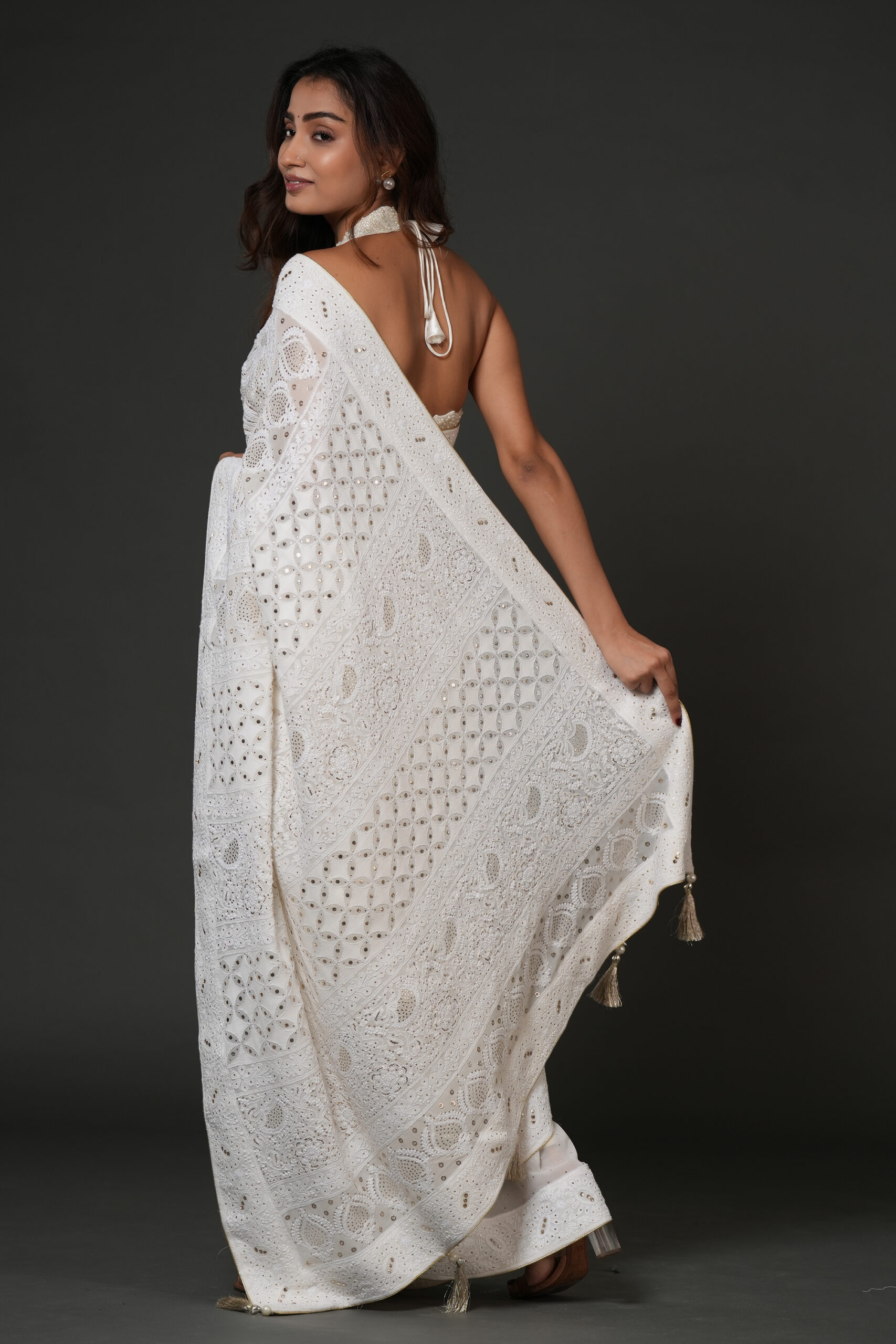 Ivory Saaz: Handcrafted Pure Georgette Chikankari Saree with Subtle Mukaish Accents - Image 3