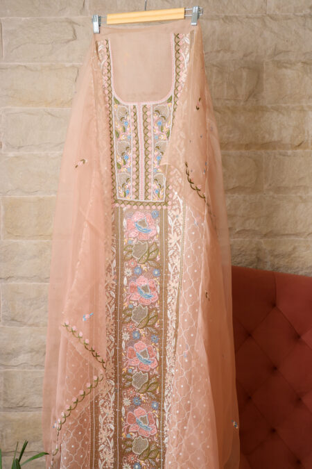 Rosé Sheher | Handcrafted Pure Organza Peach Parsi Kurta Dupatta Set