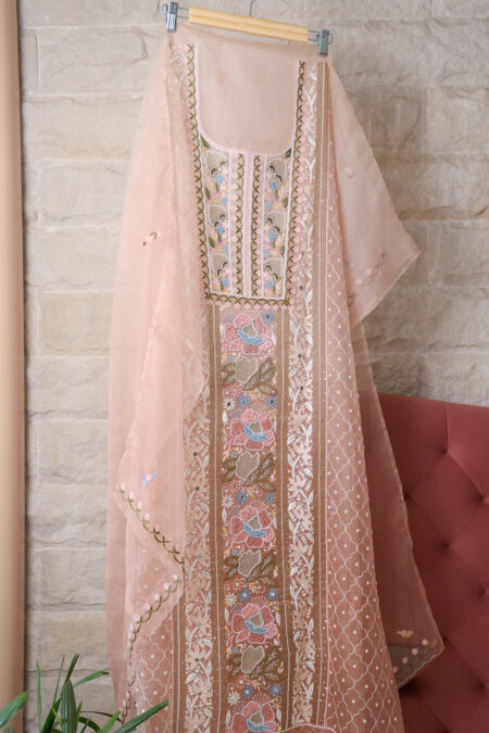 Rose Sheher Handcrafted Pure Organza Peach Parsi Kurta Dupatta Set