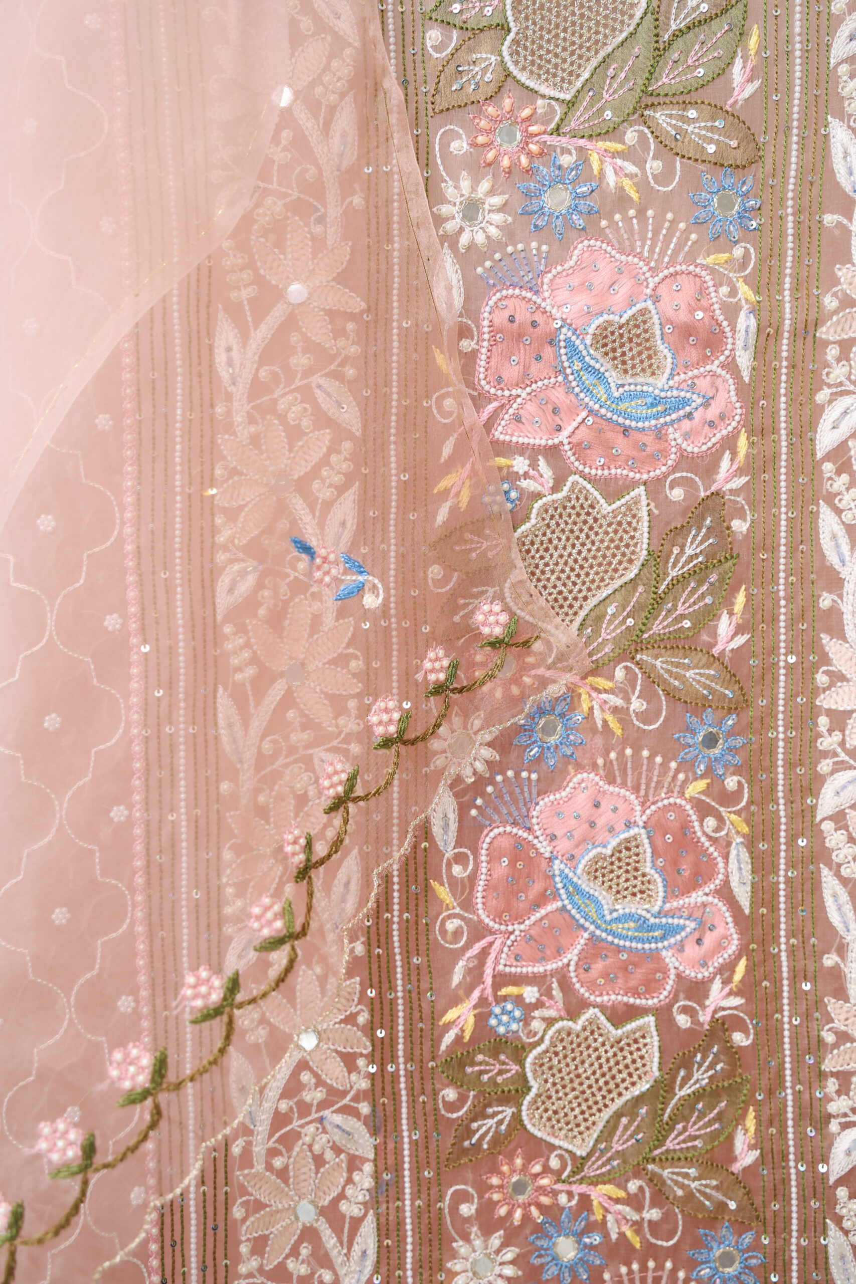 Rosé Sheher | Handcrafted Pure Organza Peach Parsi Kurta Dupatta Set - Image 4