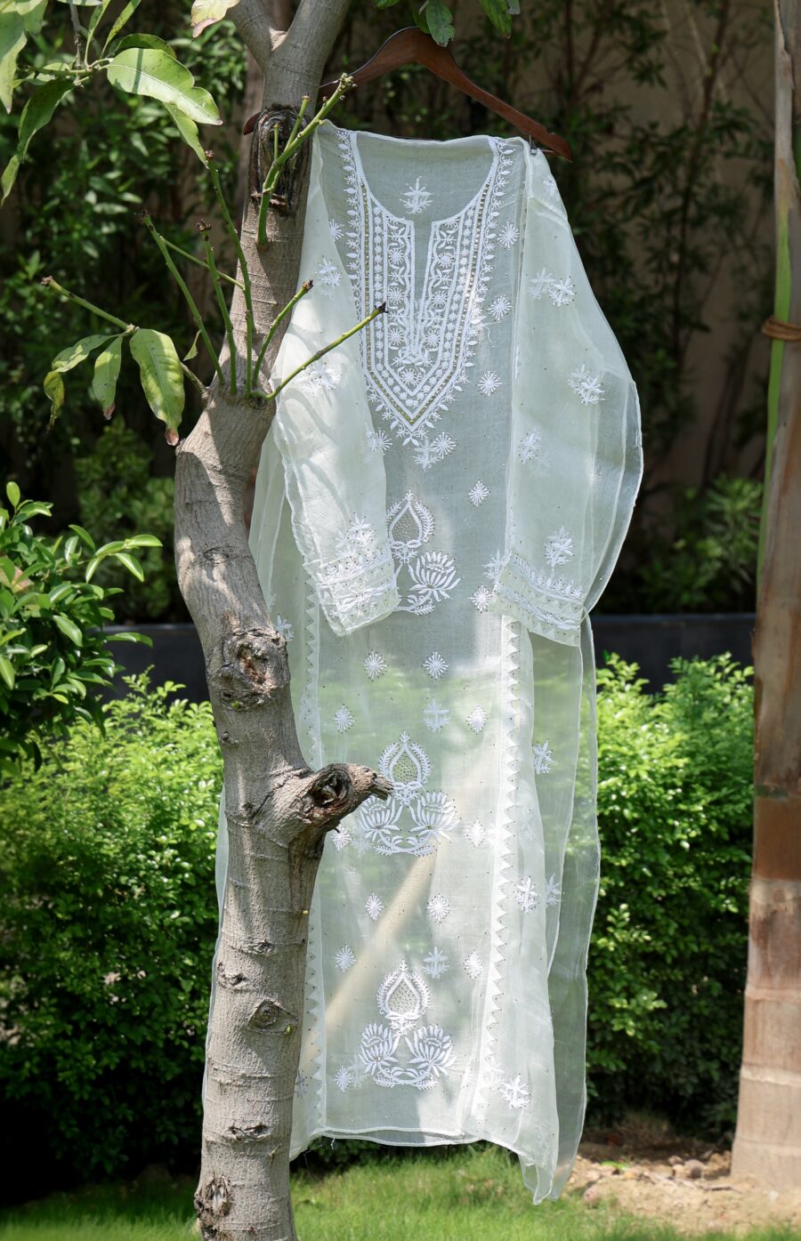 Appliqué Chikankari Kurta & Dupatta Set in Organza Silk
