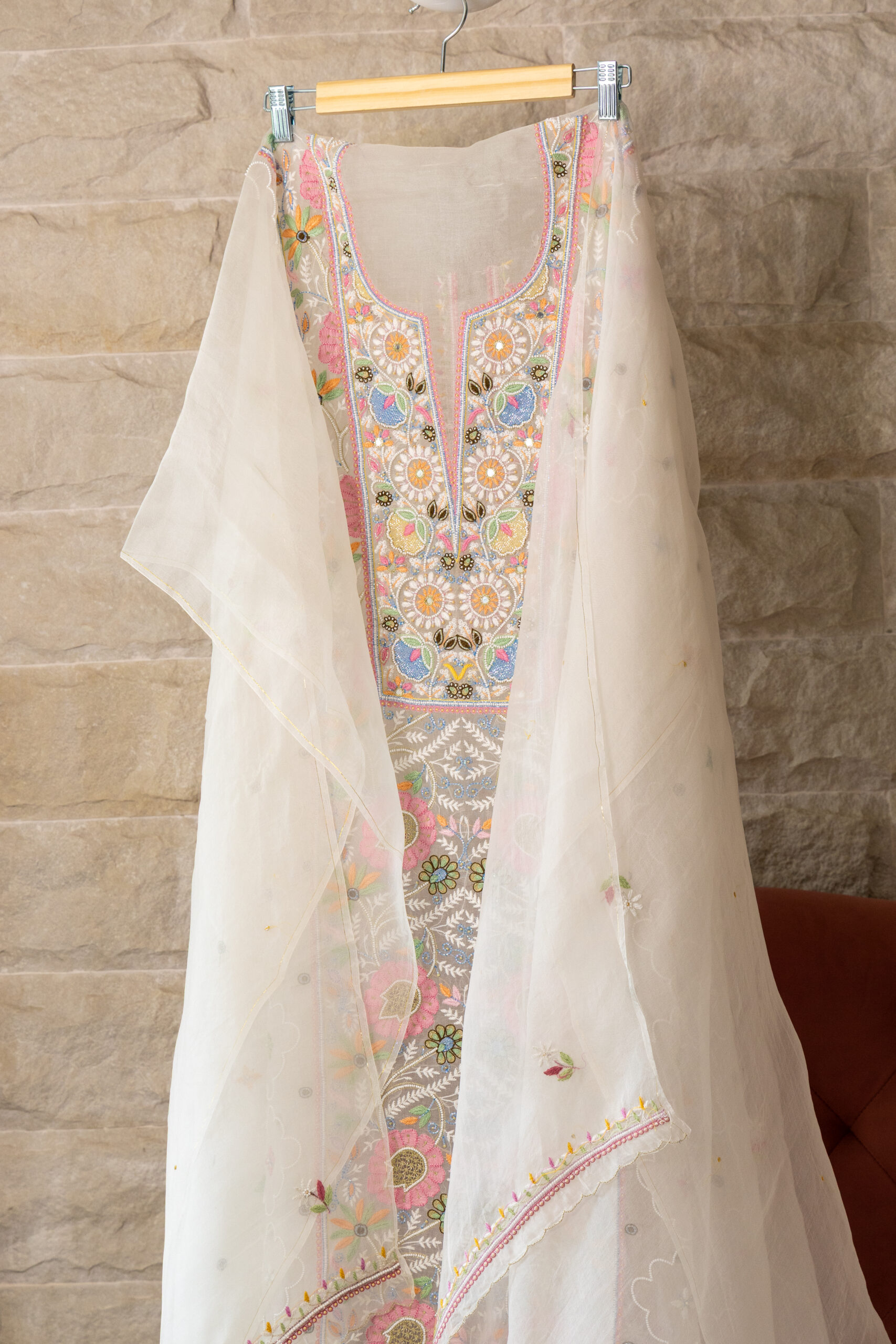 Ivory Garden | Hand Embroidered Heavy Parsi Work Kurta Dupatta Set - Image 4