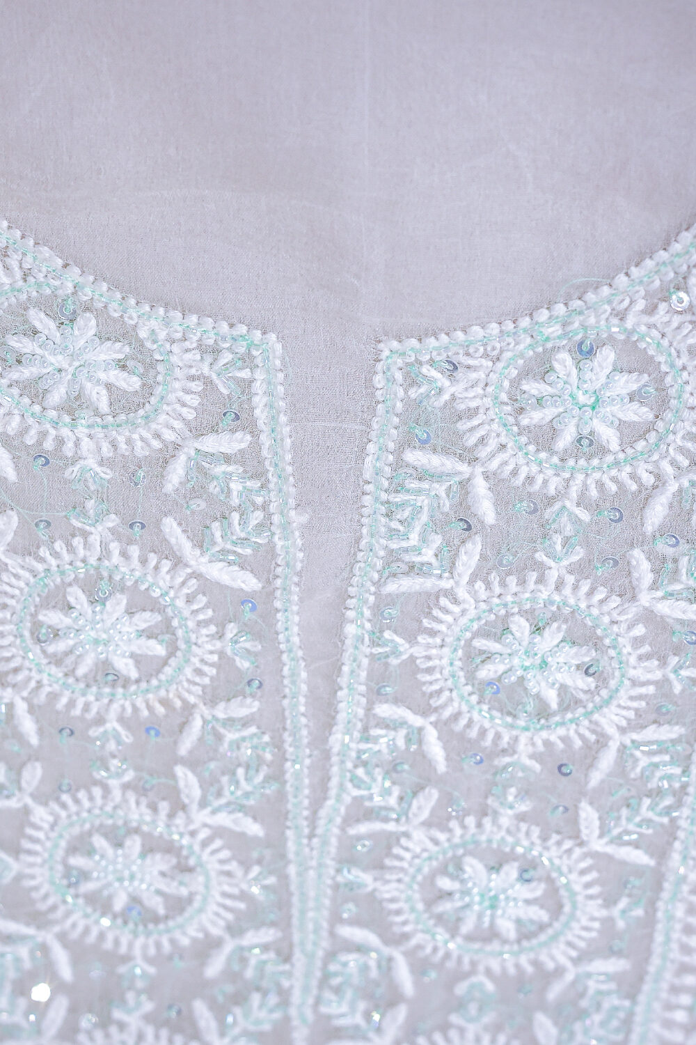 Hand Embroidered Ivory Organza Lucknowi Chikankari Set with Beads Work - Image 3