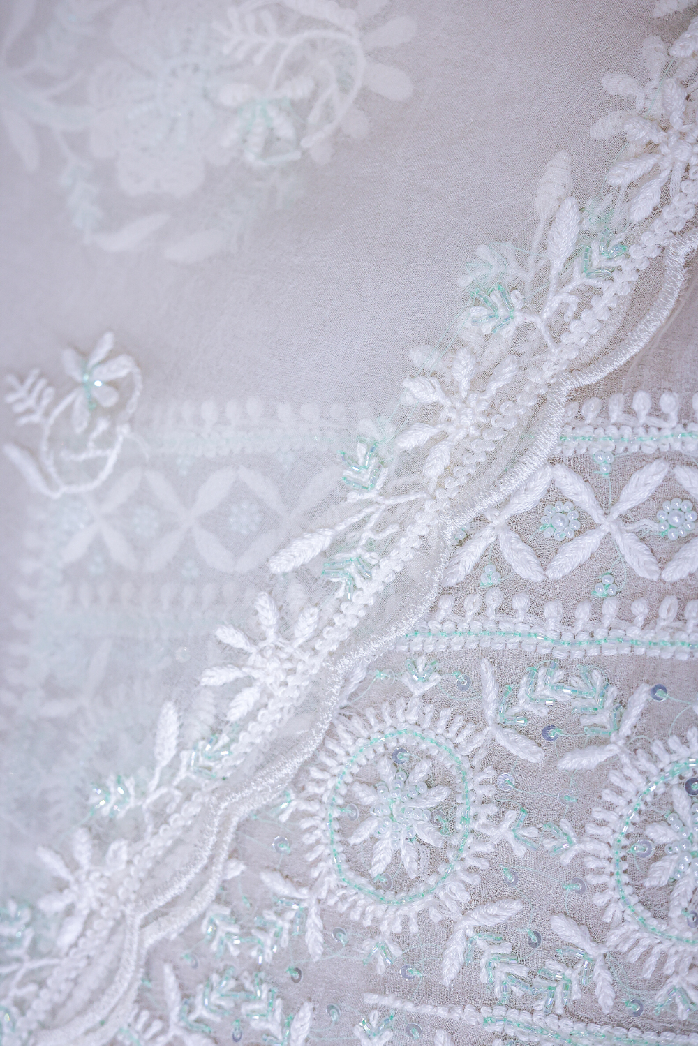 Hand Embroidered Ivory Organza Lucknowi Chikankari Set with Beads Work - Image 2