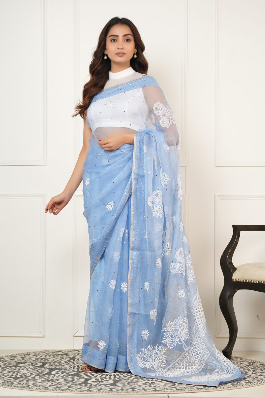 Chaandni Roz Handcrafted Pure Organza Chikankari Saree with Mukaish Embroidery