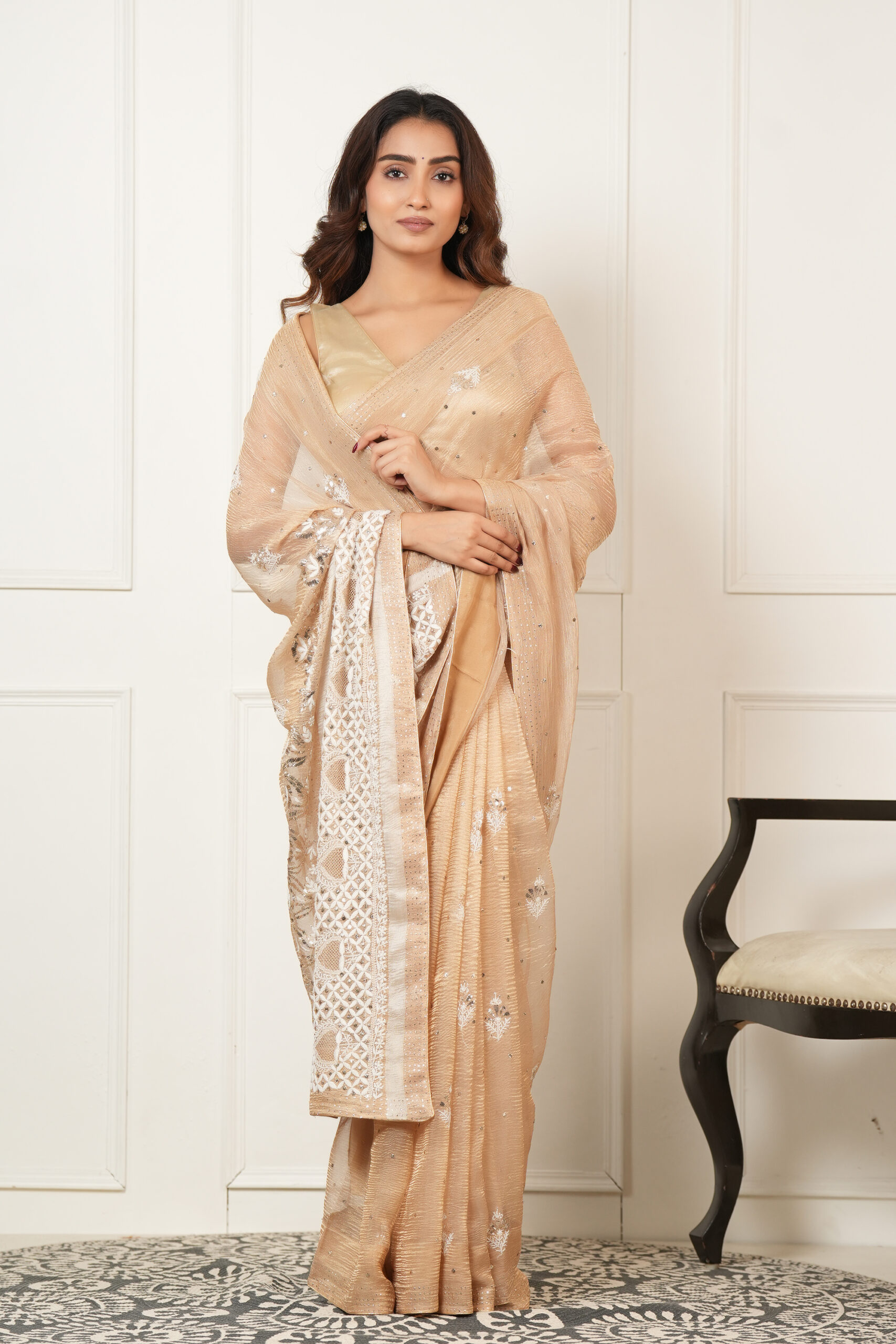 Golden Noor: Handcrafted Pure Tissue Silk Chikankari Saree with Mukaish Accents - Image 3