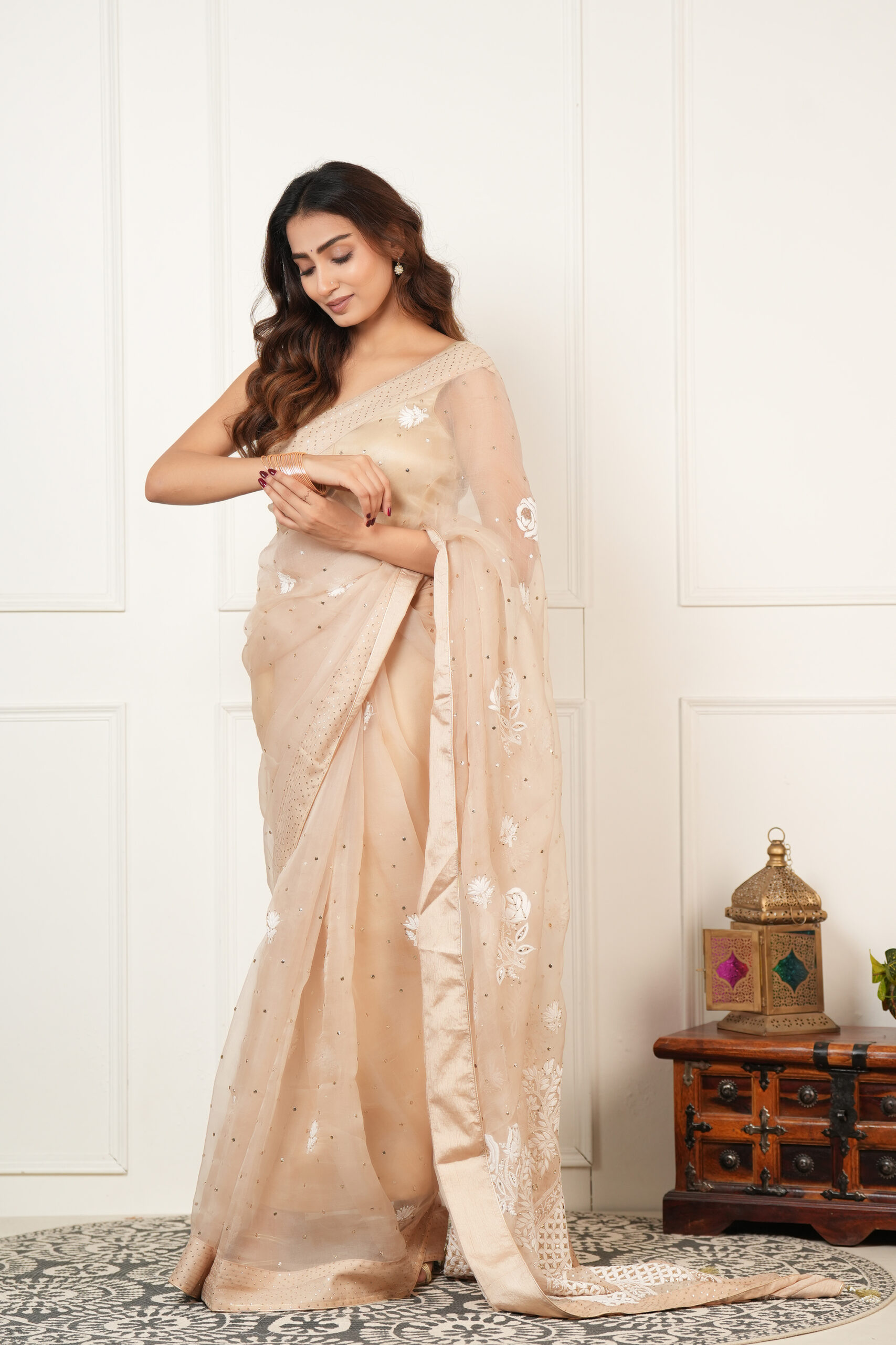 First Light: Peach-Gold Handcrafted Pure Organza Silk Chikankari Saree with Mukaish and Rose Motifs - Image 4