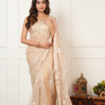 Peach-Gold Handcrafted Pure Organza Silk Chikankari Saree