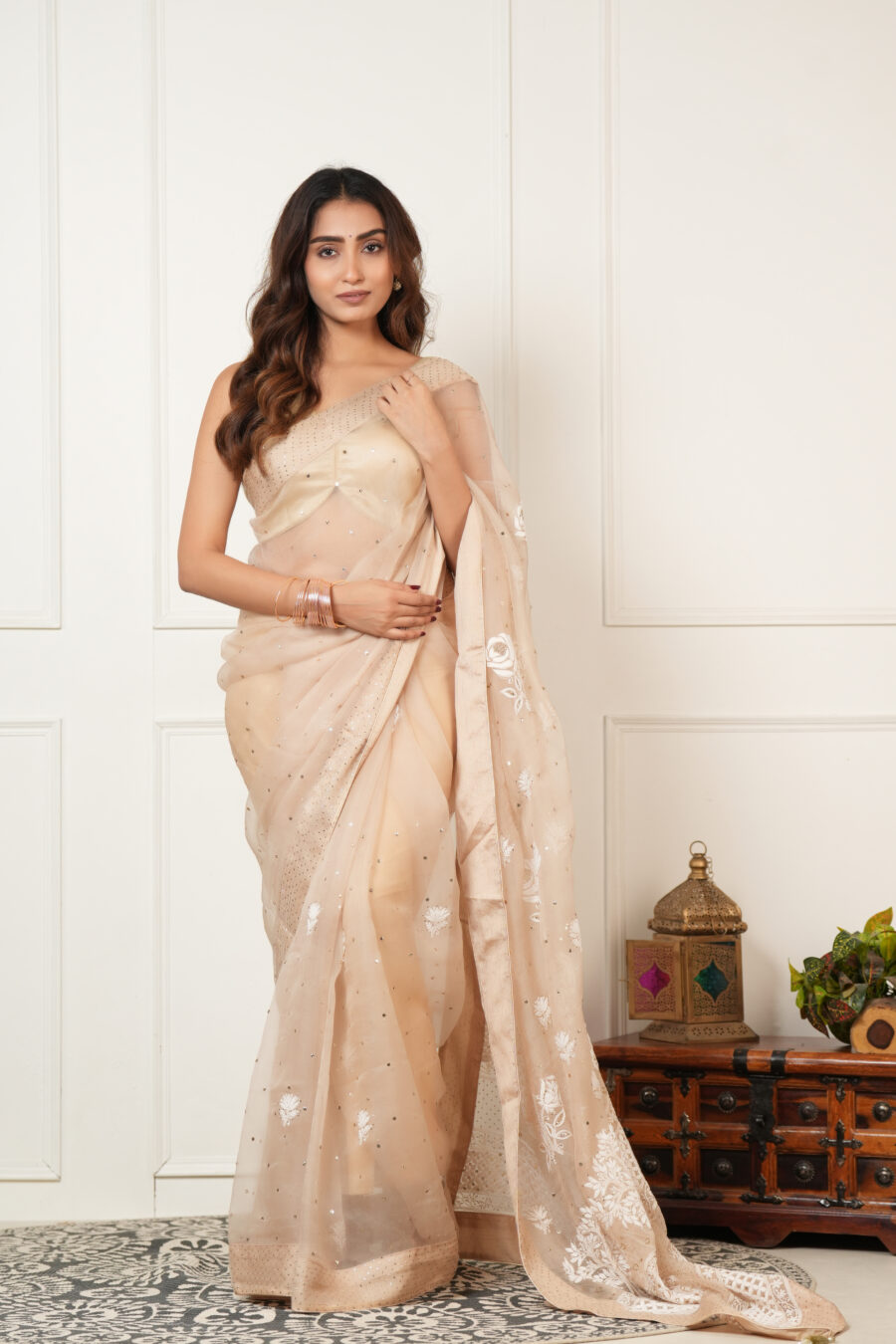 Peach-Gold Handcrafted Pure Organza Silk Chikankari Saree