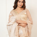 Peach-Gold Handcrafted Pure Organza Silk Chikankari Saree with Mukaish and Rose Motifs