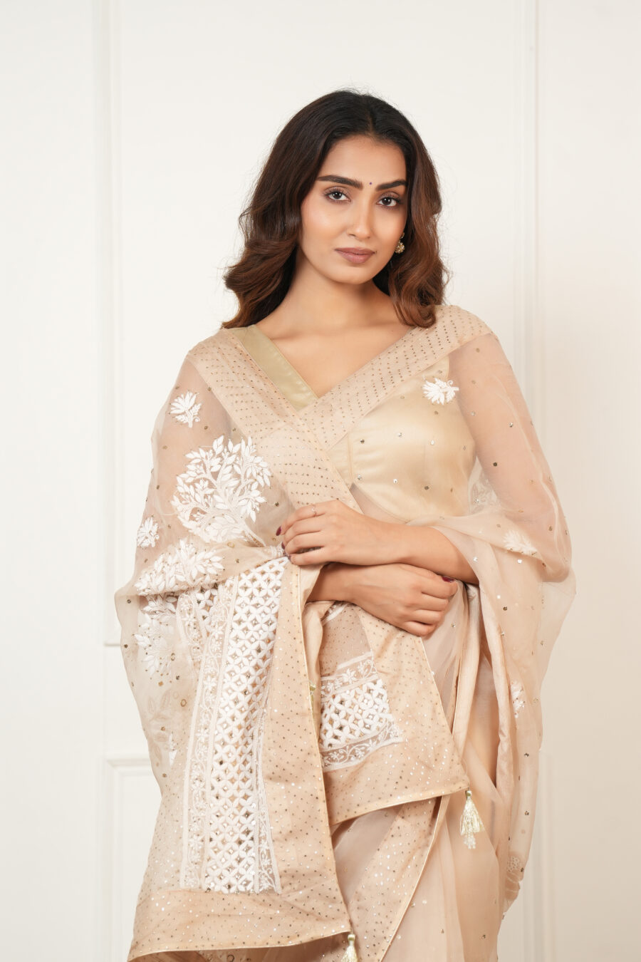 Peach-Gold Handcrafted Pure Organza Silk Chikankari Saree with Mukaish and Rose Motifs