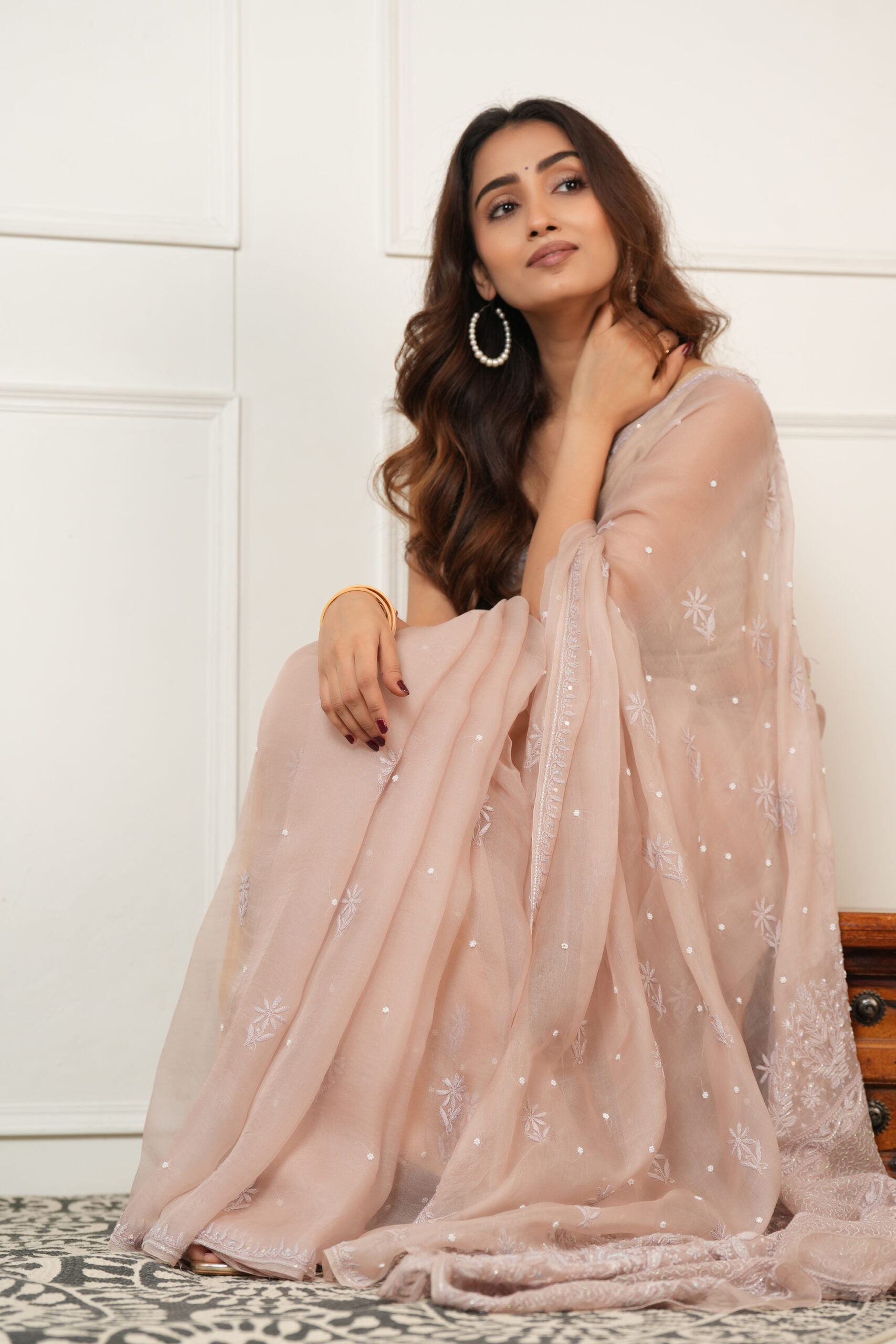 Gulabi Dastan: Handcrafted Pure Organza Silk Chikankari Saree with Beads - Image 4