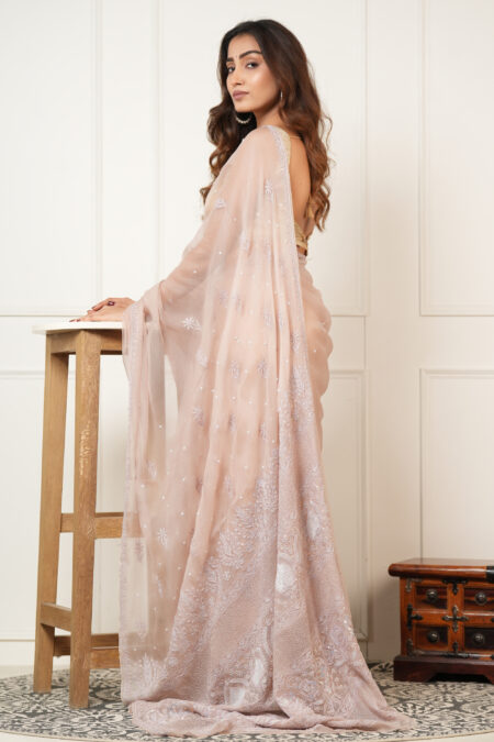 Handcrafted Pure Organza Silk Chikankari Saree with Beads & Moti Embroidery.