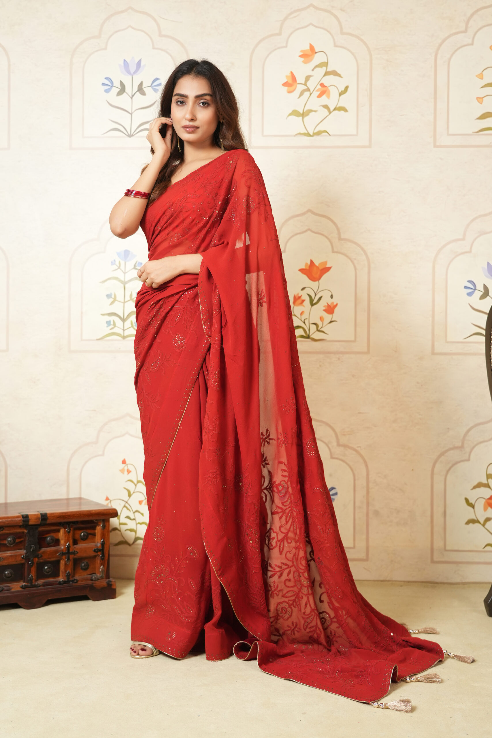 Love in Scarlet: Handcrafted Pure Georgette Chikankari Saree Red with Mukaish Work - Image 3