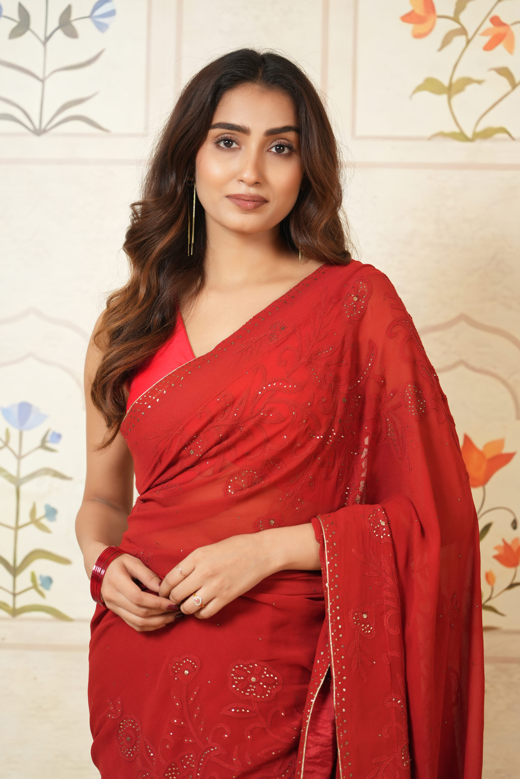 Love in Scarlet: Handcrafted Pure Georgette Chikankari Saree Red with Mukaish Work - Image 4