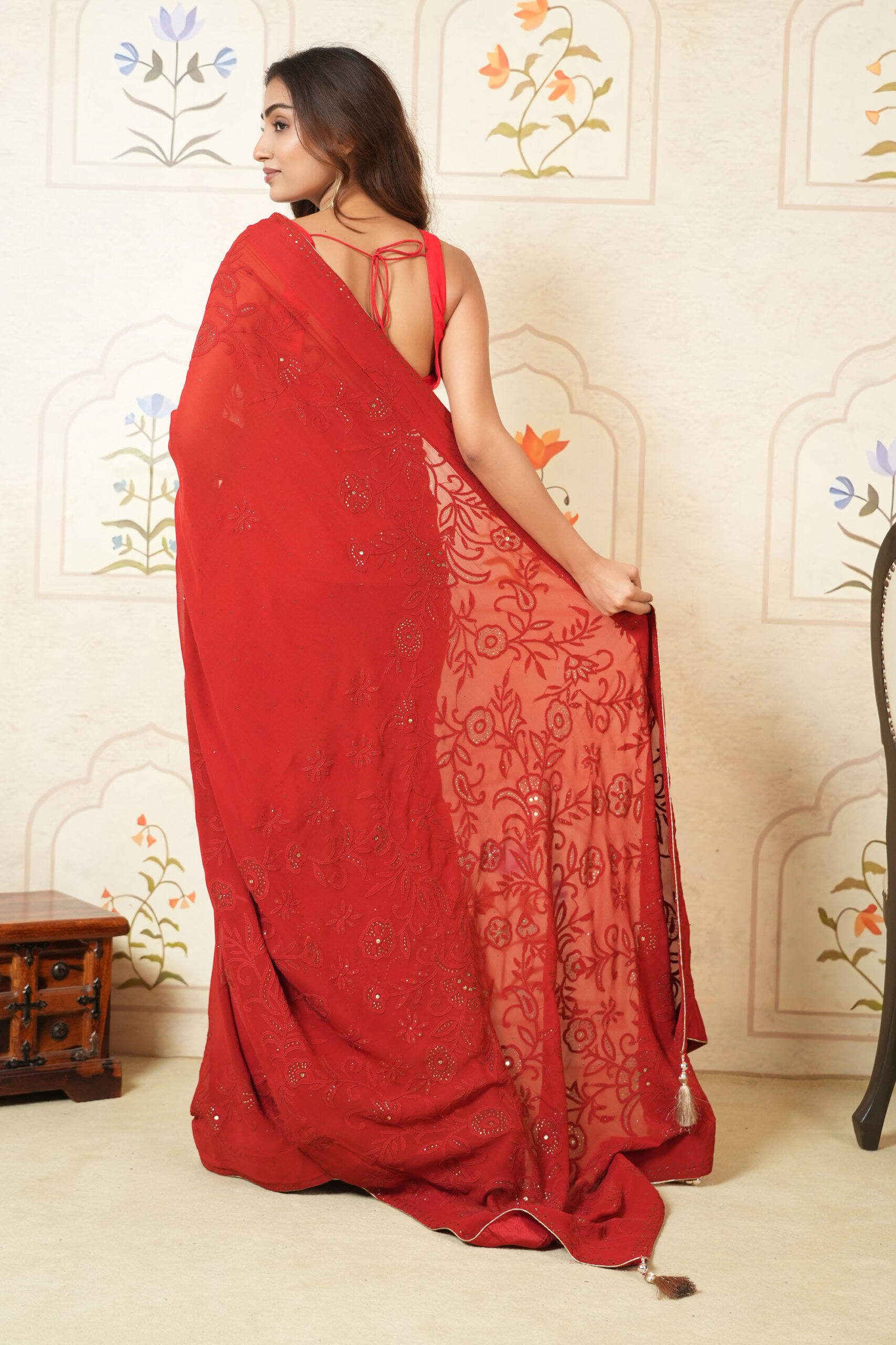 Love in Scarlet: Handcrafted Pure Georgette Chikankari Saree Red with Mukaish Work - Image 2