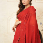 Handcrafted Pure Georgette Chikankari Saree Red