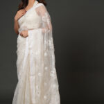 Ivory Aahang: Handcrafted Pure Organza Silk Chikankari Saree with Mukaish Work