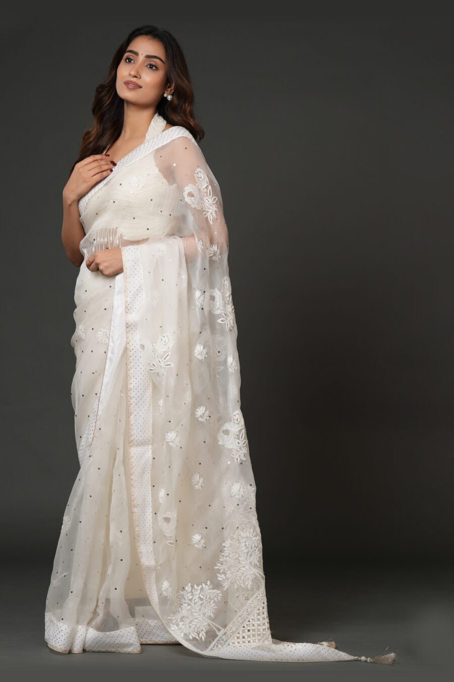 Ivory Aahang: Handcrafted Pure Organza Silk Chikankari Saree with Mukaish Work