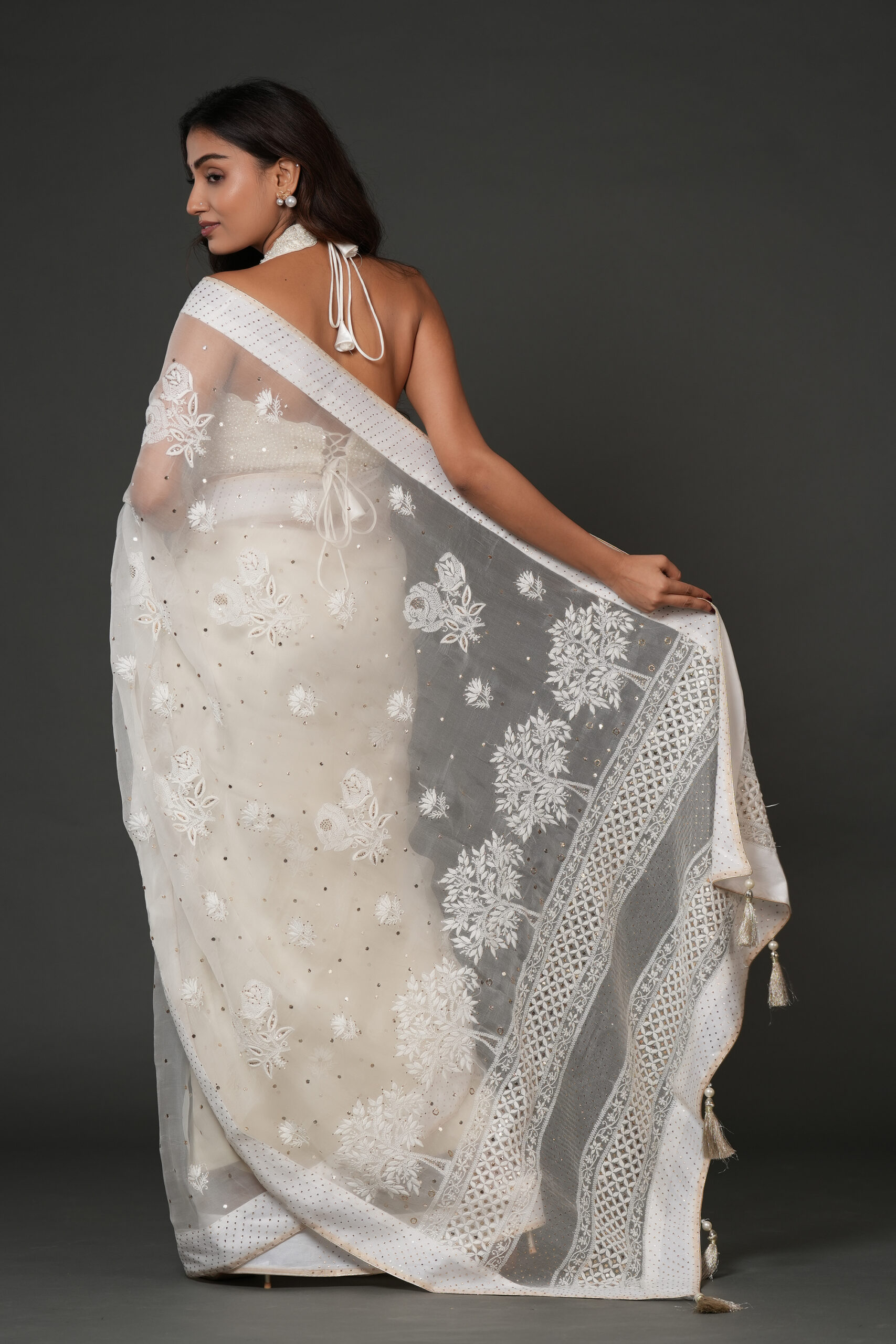 Ivory Aahang: Handcrafted Pure Organza Silk Chikankari Saree with Mukaish Work - Image 2