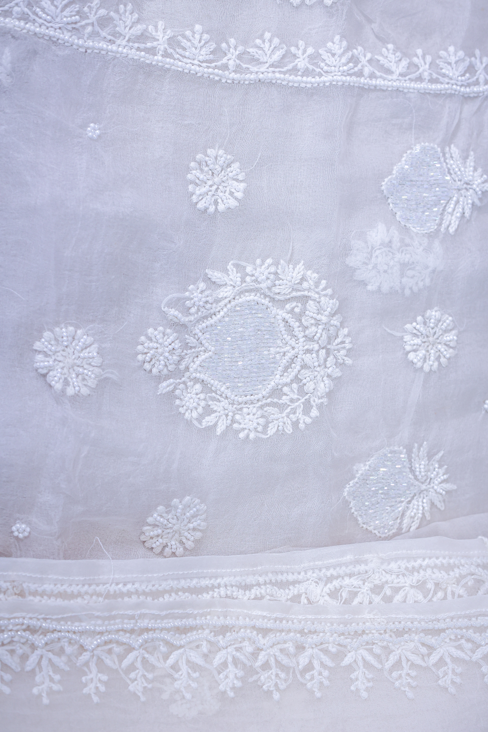 Khwab-e-Safa | Ivory Organza Silk Chikankari Set with Beads Work - Image 5