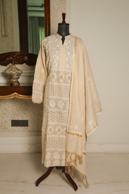 Light Gold Hand Embroidered Pure Tissue Silk Chikankari Kurta