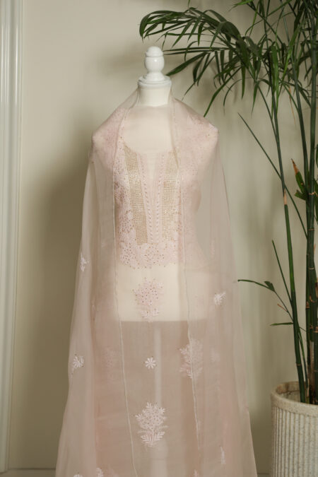 Peachy Pink | Hand-embroidered Chikankari Organza Silk Kurta Set