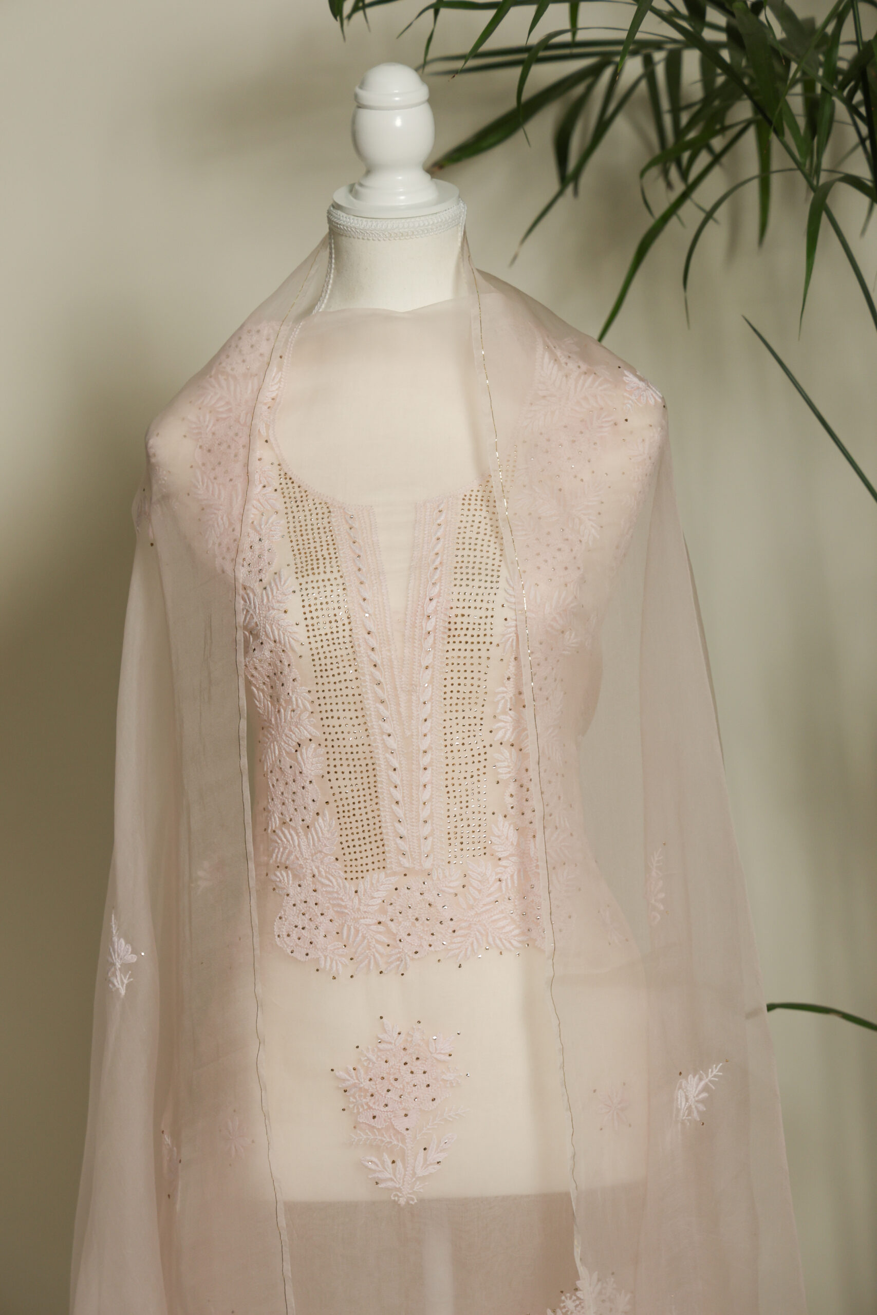 Peachy Pink | Hand-embroidered Chikankari Organza Silk Kurta Set - Image 2
