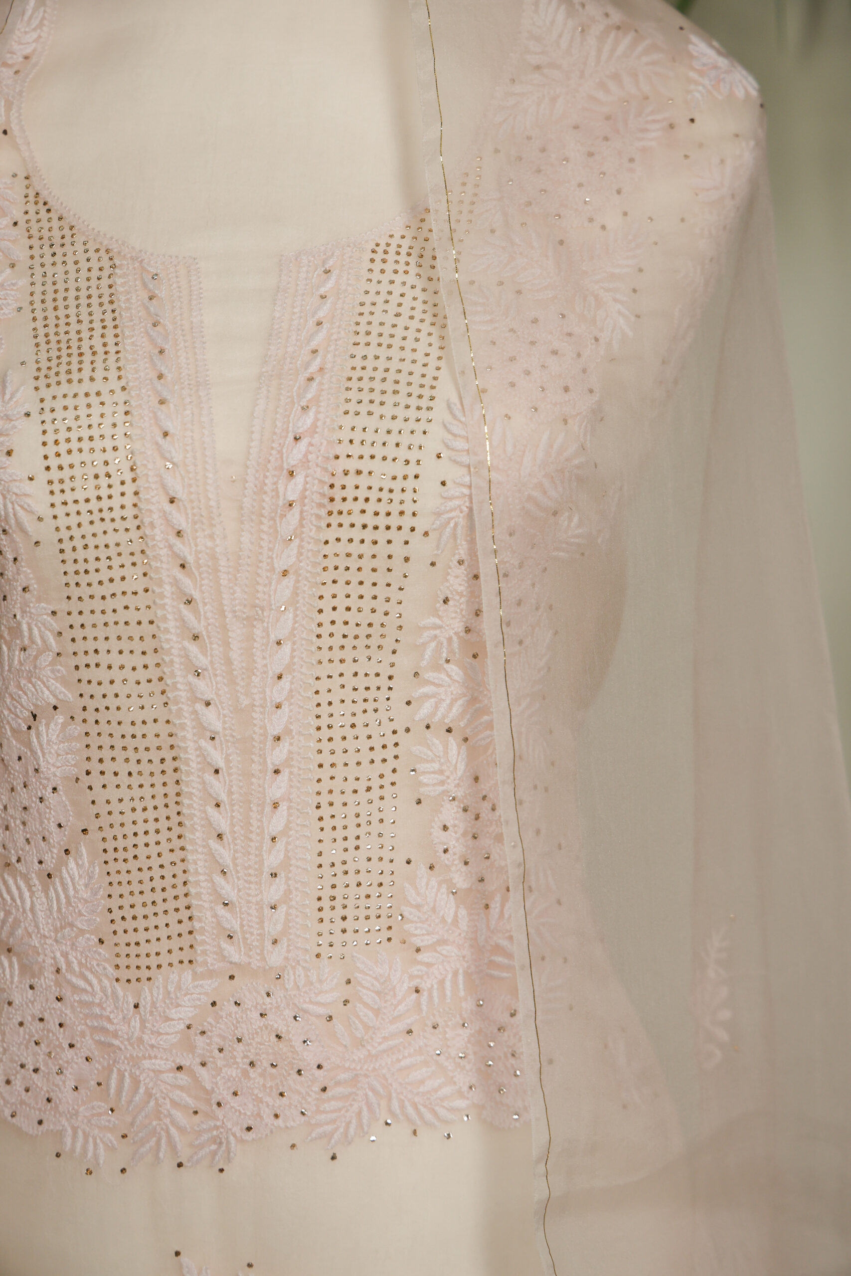 Peachy Pink | Hand-embroidered Chikankari Organza Silk Kurta Set - Image 4
