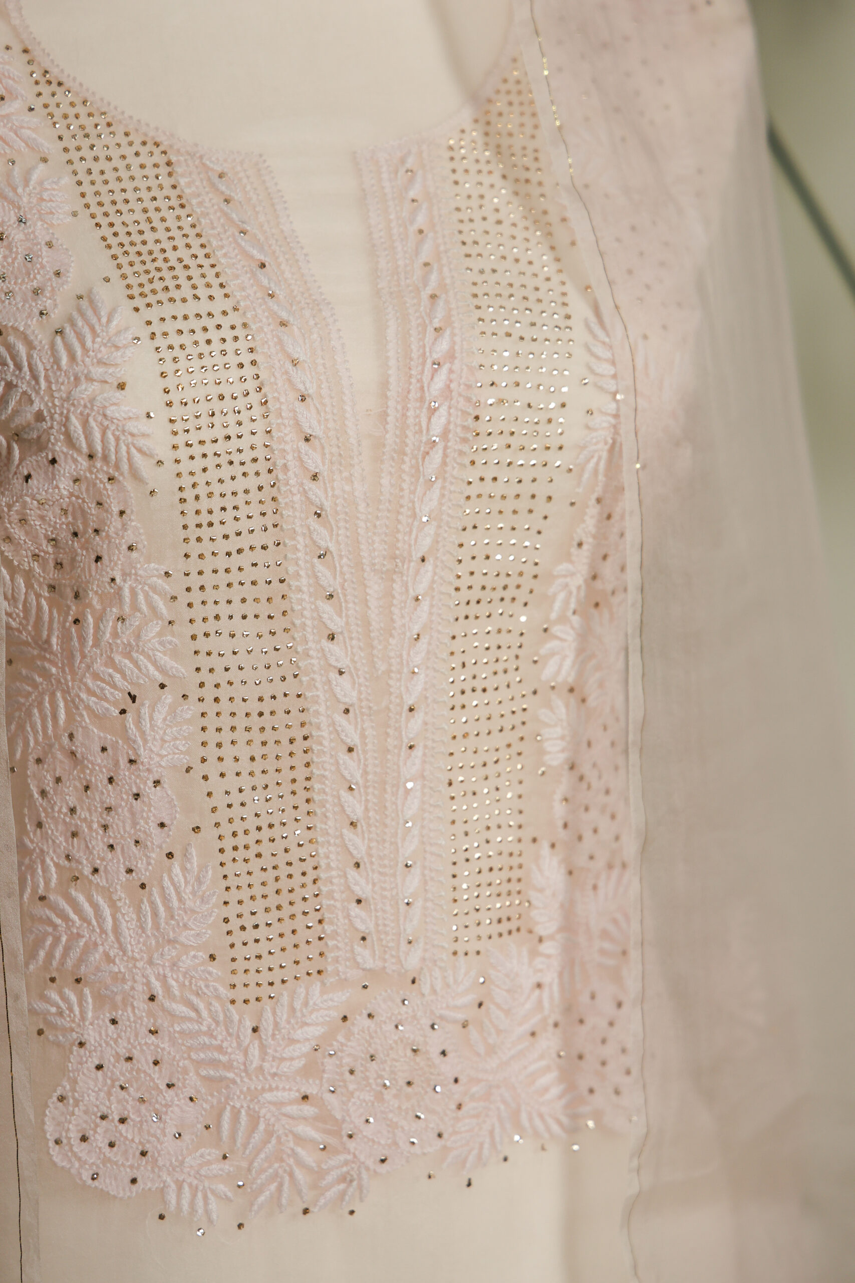 Peachy Pink | Hand-embroidered Chikankari Organza Silk Kurta Set - Image 3