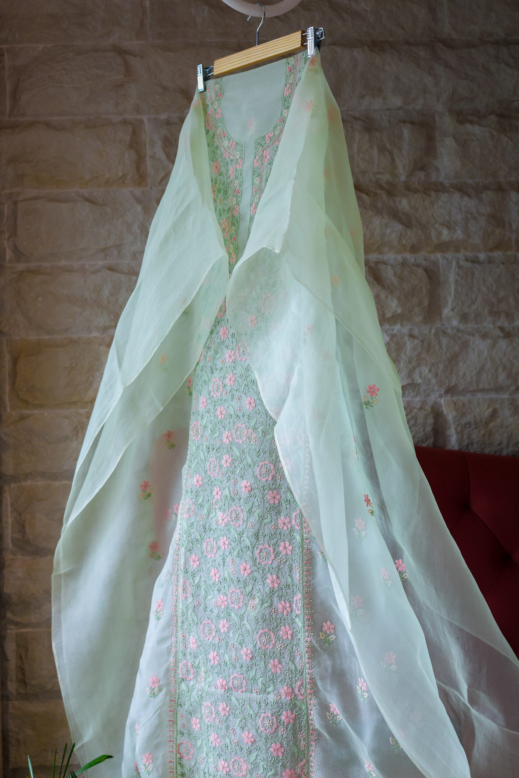 Blossom Mist | Mint Green Floral Chikankari Organza Silk Set - Image 4