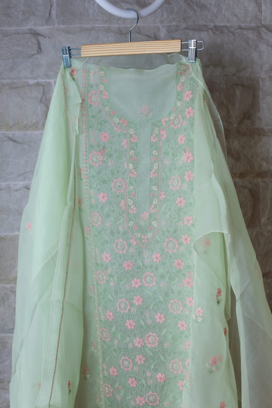Mint Green Floral Chikankari Organza Silk Set