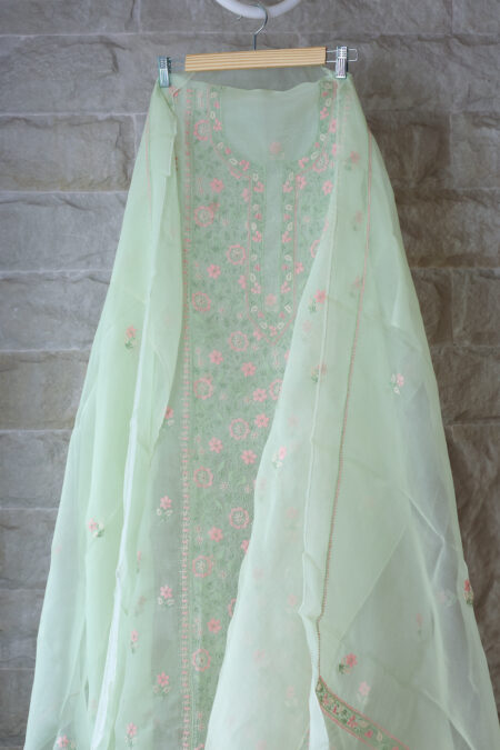Blossom Mist | Mint Green Floral Chikankari Organza Silk Set
