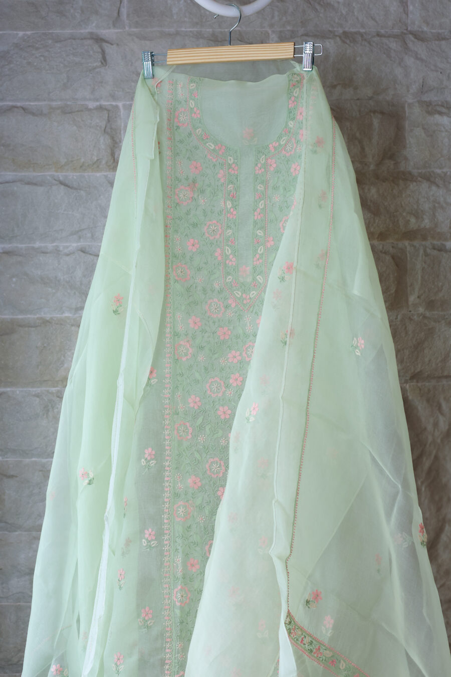 Blossom Mist | Mint Green Floral Chikankari Organza Silk Set