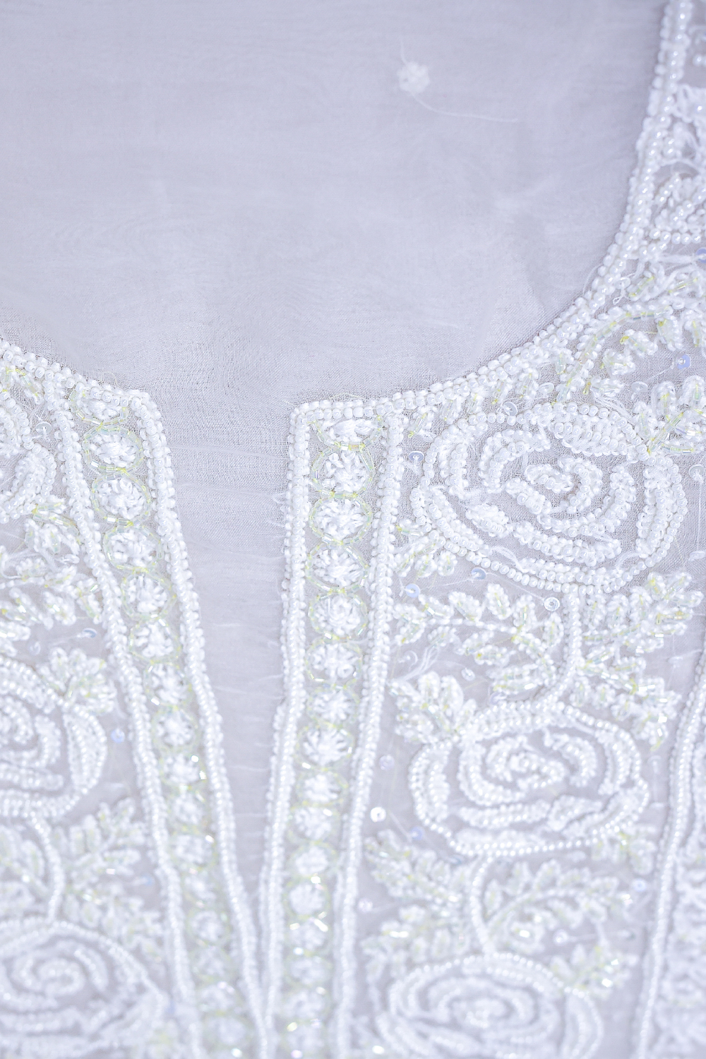 Moonlit Bloom | Ivory Organza Chikankari Unstitched Kurta Set with Beads Work - Image 2