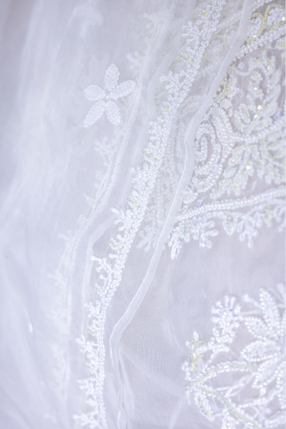 Moonlit Bloom | Ivory Organza Chikankari Unstitched Kurta Set with Beads Work - Image 3