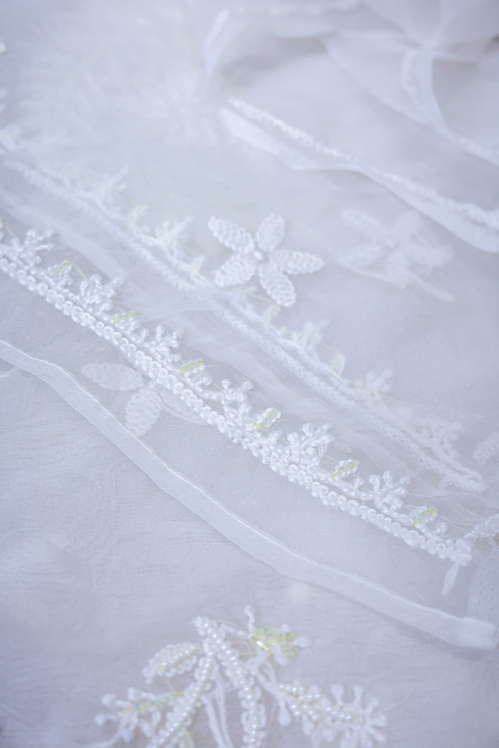 Moonlit Bloom | Ivory Organza Chikankari Unstitched Kurta Set with Beads Work - Image 4