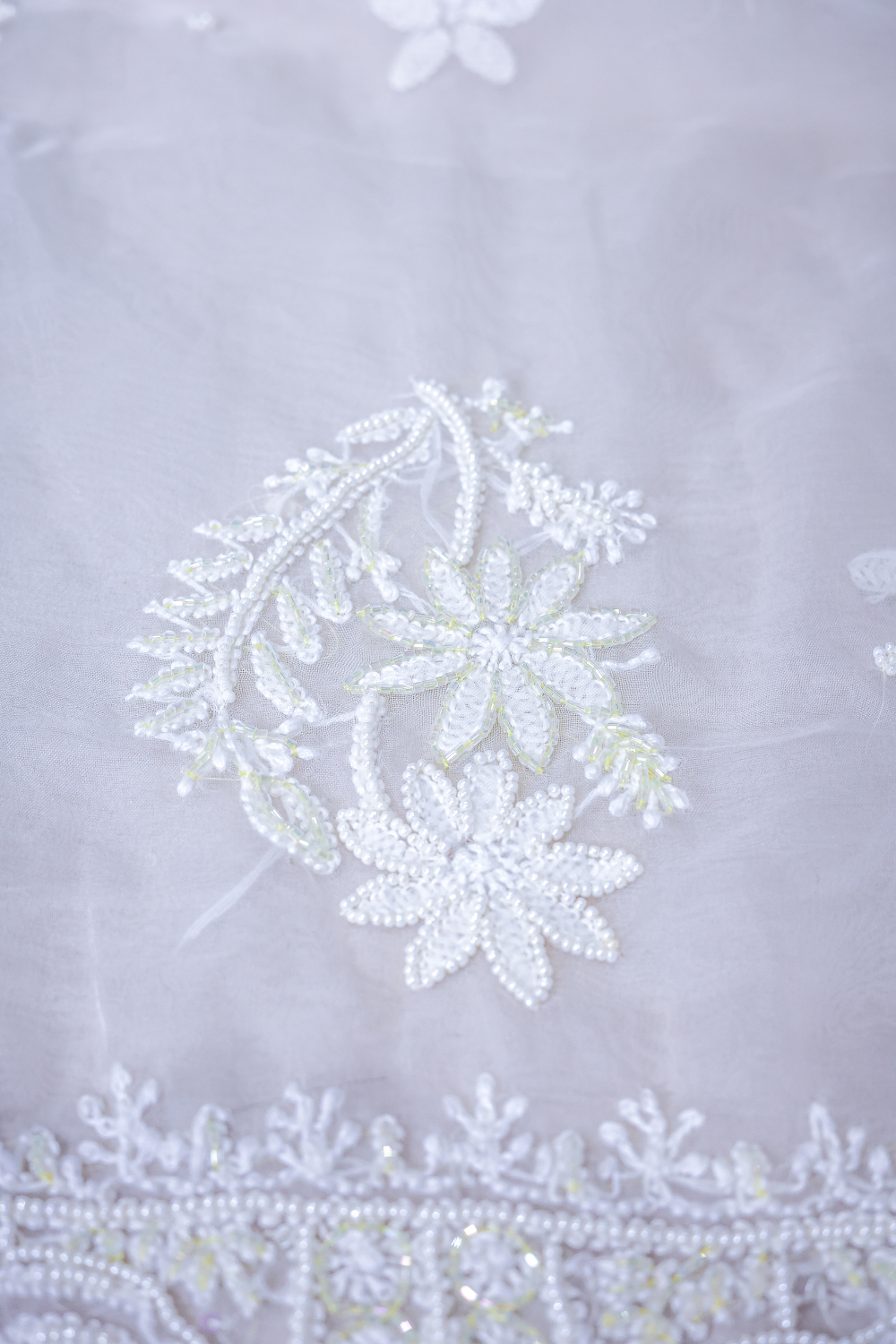 Moonlit Bloom | Ivory Organza Chikankari Unstitched Kurta Set with Beads Work - Image 5