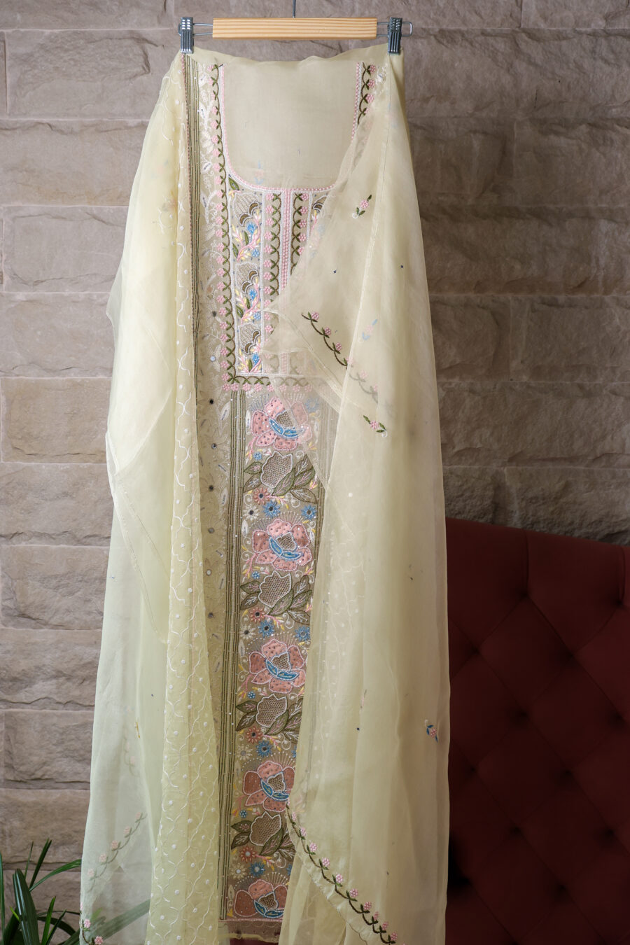 Noor-E-Bahar Yellow Hand embroidered Parsi Kurta Set