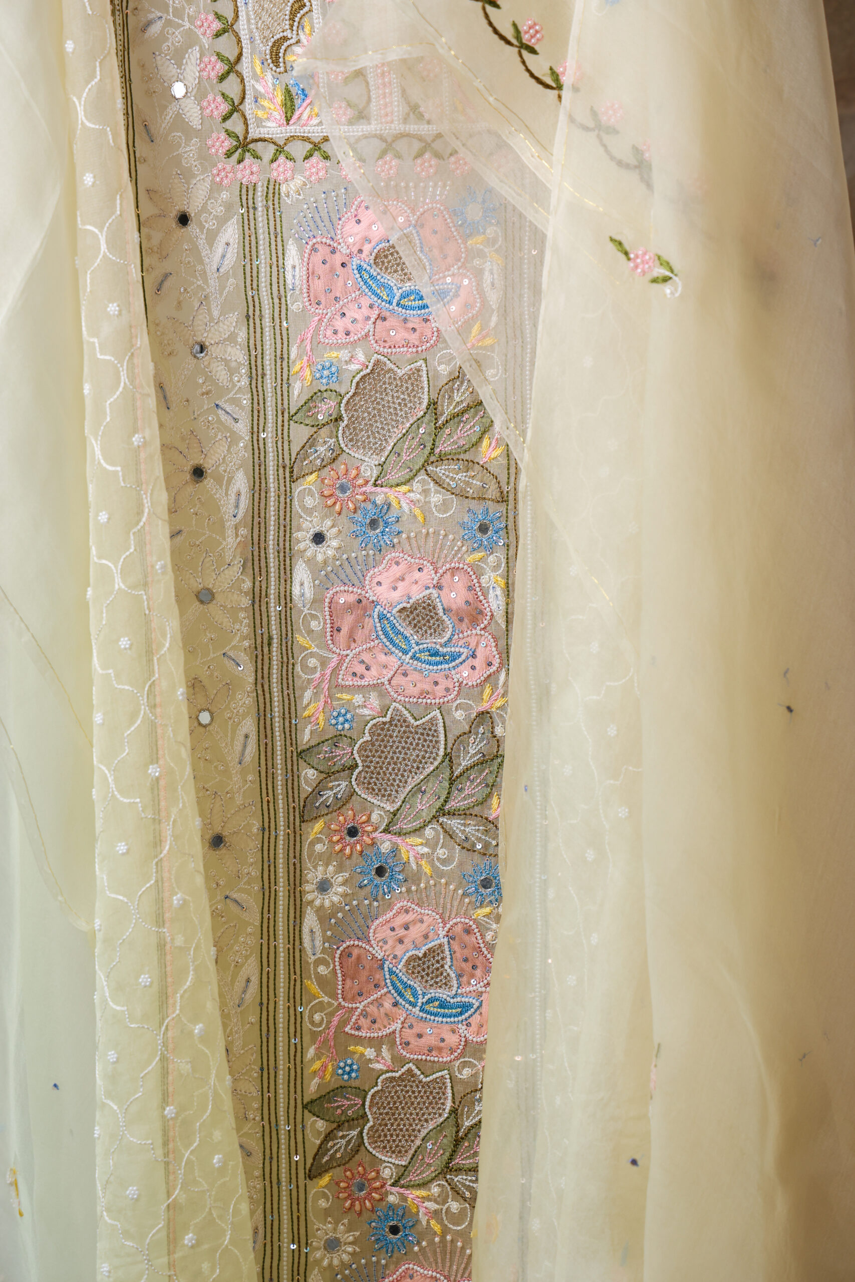 Noor-E-Bahar | Hand Embroidered Yellow Parsi Work Kurta Set with Beads Work - Image 3