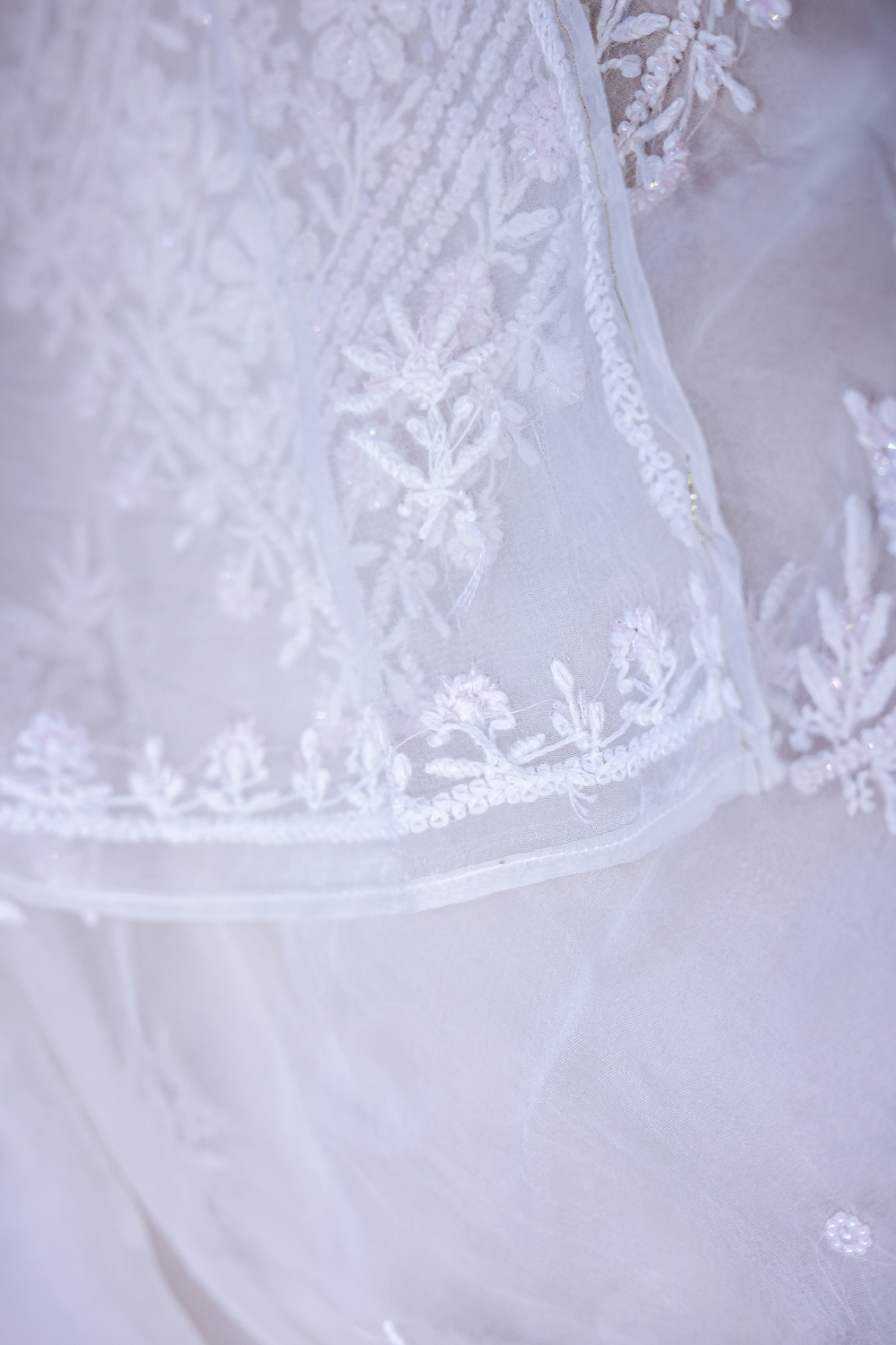 Noor-e-Gul | Ivory Organza Silk Chikankari Dupatta Set with Beads Work - Image 4