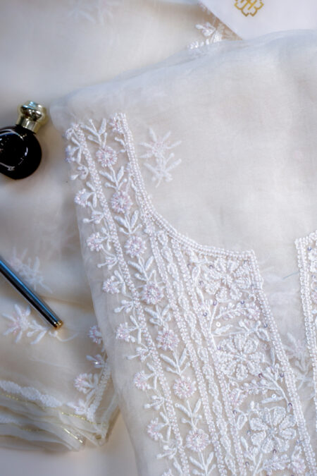 Ivory Organza Chikankari Set with Beads Work