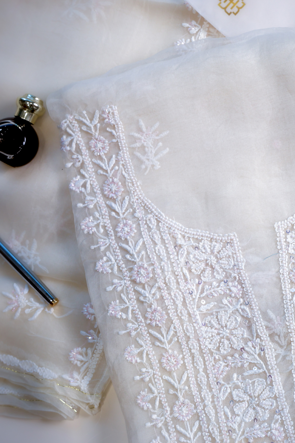 Ivory Organza Chikankari Set with Beads Work