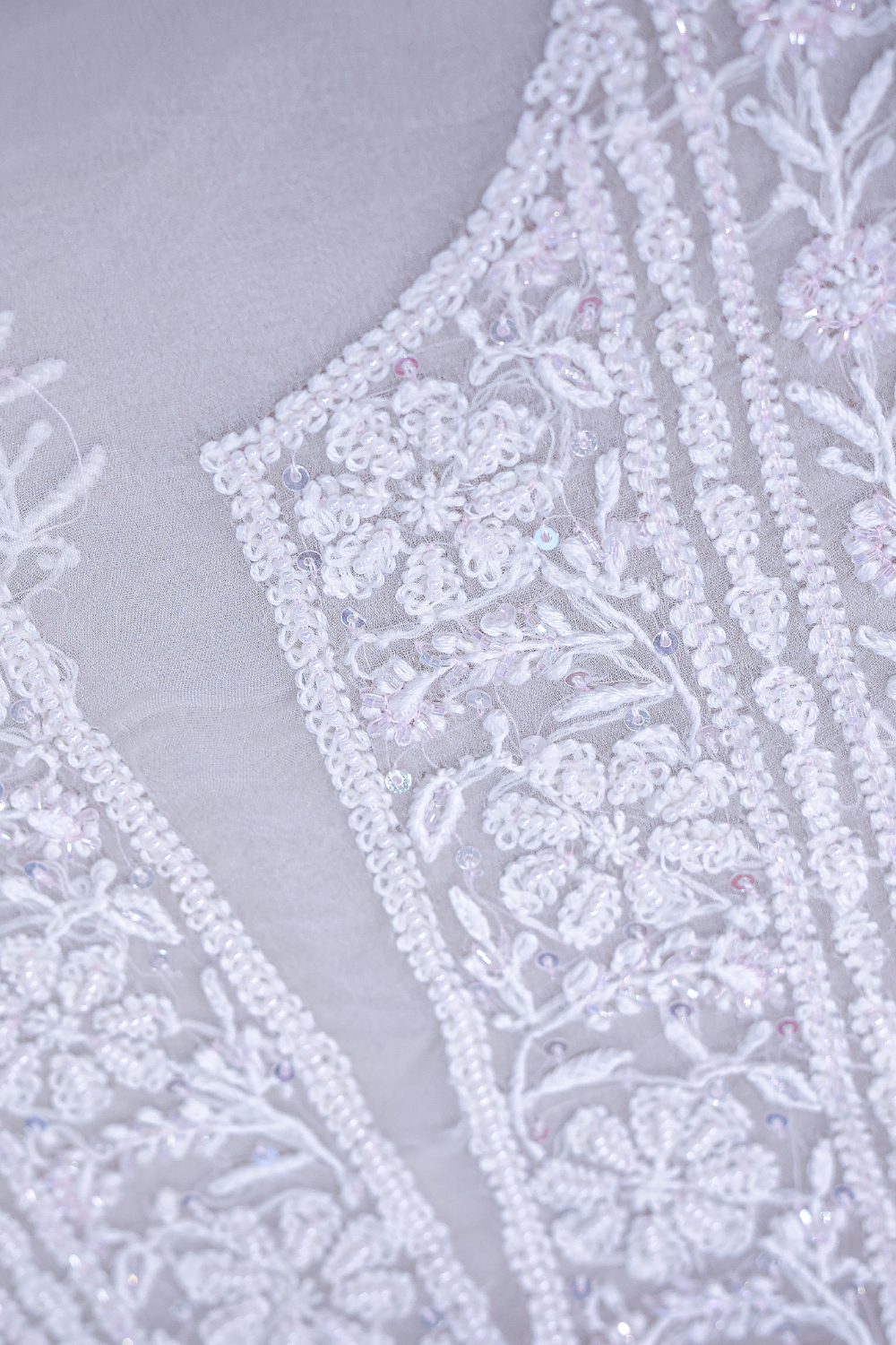 Noor-e-Gul | Ivory Organza Silk Chikankari Dupatta Set with Beads Work - Image 5