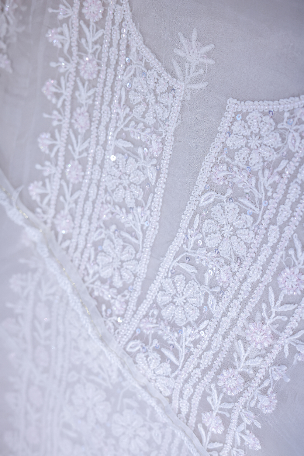 Noor-e-Gul | Ivory Organza Silk Chikankari Dupatta Set with Beads Work - Image 3