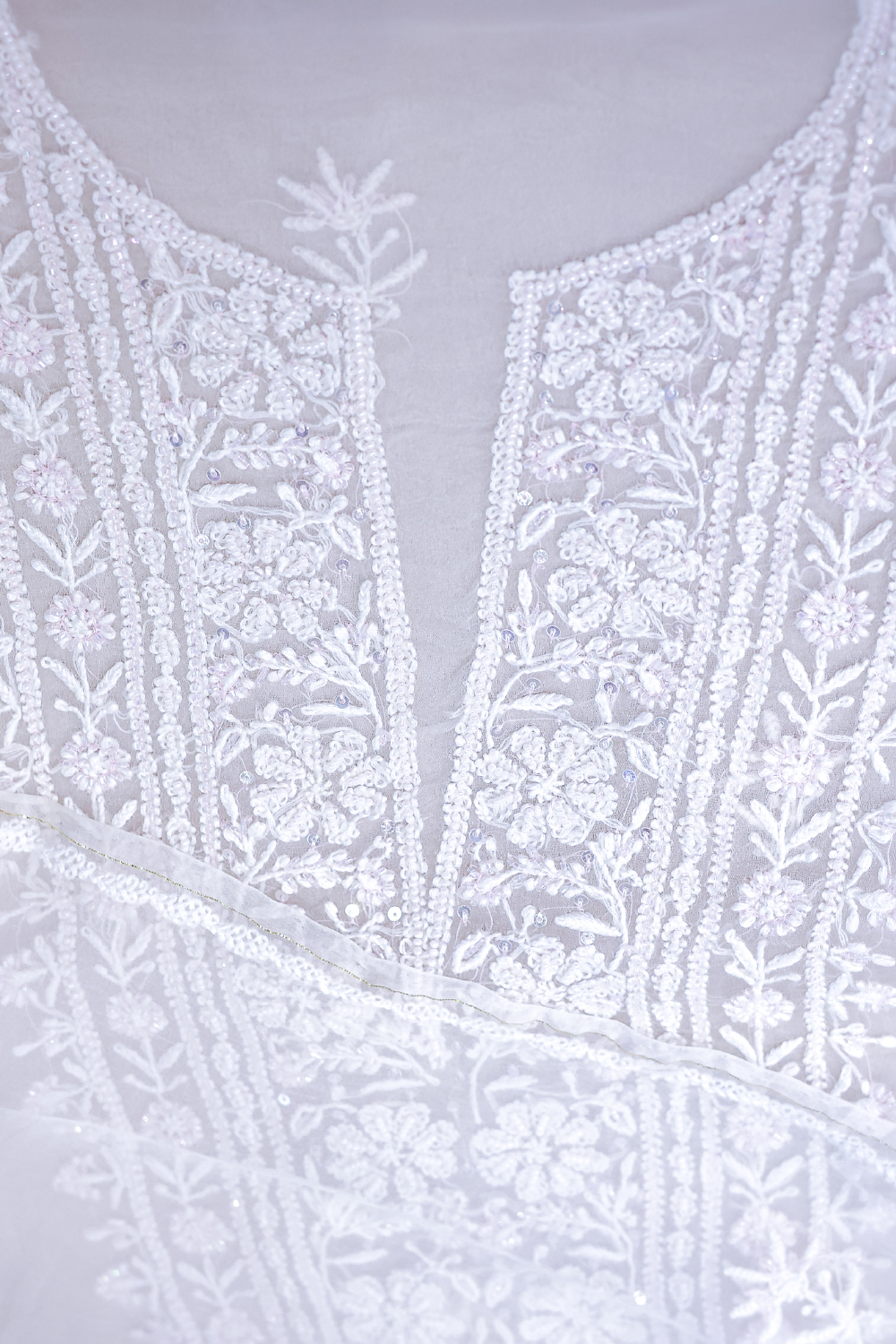 Noor-e-Gul | Ivory Organza Silk Chikankari Dupatta Set with Beads Work - Image 2