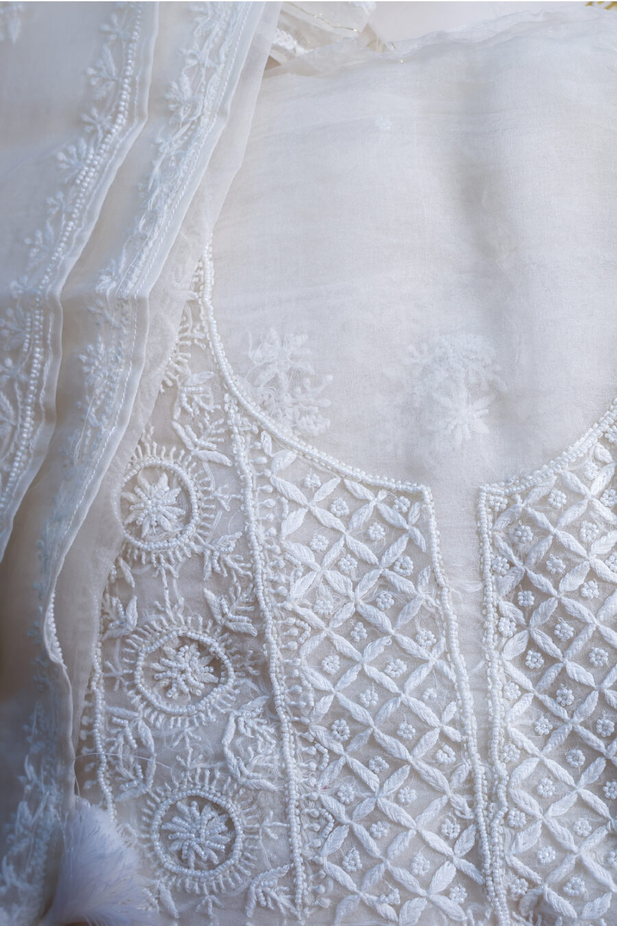 INoor-e-rooh Ivory Organza Silk Chikankari Set with Beads Work