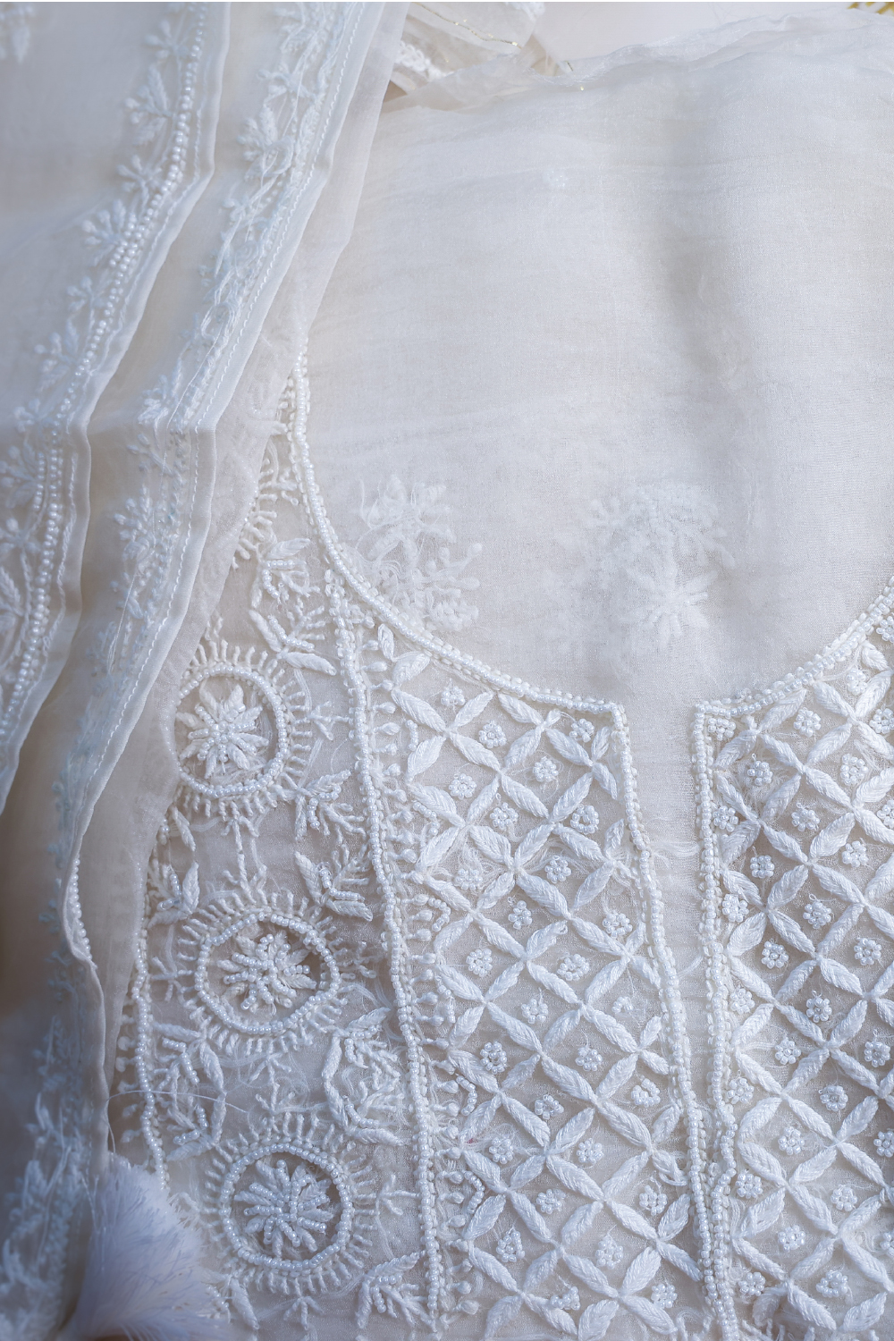 INoor-e-rooh Ivory Organza Silk Chikankari Set with Beads Work